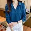 Женские блузки сплошные цветные атласные рубашки дамы мода причинно -следственные топы с длинным рукавом Blusas mujer