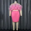 작업 드레스 여성 2 조각 분홍색 스커트 세트 섹시한 작물 탑 주름 바디콘 무릎 길이 우아한 여자 생일 파티 디너