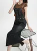 Casual Dresses High Waisted Contrasting Color Pockets With Back Slit Denim Straps A-Line Skirt 2024 Fashionable Women'S Clothing