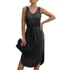 Summer Womens V Neck Sleeveless Drawstring Casual Loose Sexy Midi Dress