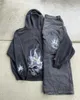 JNCO Suit Y2K Street Hip Hop Skull Jeans bordados com capuz grande com capuz de duas peças calças de moletom Sportshirt 240409