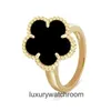 High End designer rings for vancleff 18K Champagne Gold CNC Thick Gold Steel Print Clover Ring Red Agate White Fritillaria Straight Hair Original 1:1 With Real Logo