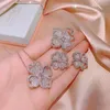 Halsbandörhängen Set 3 i 1 set Square Pink Zircon Camellia Flower Ring Earring For Women Luxury Hollow Petal Simulated Moissanite Jewelry