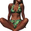 Folhas tropicais de roupas de banho feminina Bikinis Conjunto Sexy Green Blue Bikini Biquíni Fitness Print Print estético Feminino High Cut Nutwear