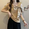 Dames T-shirts 2024 Zomer Koreaanse stijl T-shirt Chic Sweet Hollow Out Skew Collar Color Blocking Big Bow Women Tops Short Sleeve T-stukken