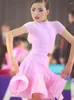 Stage Wear Girls Latin Dance Costume Purple Short Sleeve Top Skirt Split Suit Samba Rumba Practice Performance VDL40