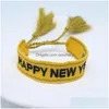 Bangle 10pcs Letter broderade armband för kvinnor parti gåva grossist justerbar snörning upp tofsar tyg armband femme år droppe dhn0e