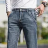 Jeans masculinos Summer fino 2024 Caixa de jeans casual de perna reta para homens elegantes estiram calças azul e cinza Man