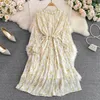 Casual Dresses Spring Women's Dress French Style Elegant Floral Printing A-Line Mid-Length O-Neck Petal Sleeve Lace-Up For Ladies