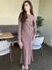 Abiti casual tossy satinata maxi abito maxi per donna manica lunga vita alta elegante festa solida di lusso da donna autunno autunno