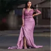 Ljuslila långa ärmar brudtärklänningar för afrikanska kvinnor Glamorösa spetsar Appliced ​​Mermaid Maid of Honor Gowns Elegant Satin Wedding Guest Prom Dress CL3497