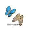 High End Designer Pierścienie dla Vancleff v Złoty Pierścień motyla do kobiecych Niebieskich Zestaw z diamentami Light Luksusowy otwarty pierścień asymetryczny Oryginalny 1: 1 z prawdziwym logo