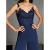 Halsriemen dunkle sexy v 2022 Navy Overalls Prom Kleider für Frauen Applizes Spitzenhülsenhosenanzug Mutter für formale Abend tragen Spezielle OCN -Partykleider Mal