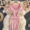 Women Slim Knitted Dress V Neck Short Sleeve Elastic Sheath Mini Dresses Summer Sexy Bodycon Streetwear Short Sundress Outfits 240415