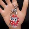 Nyckelringar Lanyards Söt ugglan Flower Rhinestone Keychain Alloy Red Color Emamel Animal Bird Key Chain Handbag Accessorie Jewelry Souvenir Gift Y240417