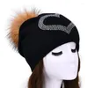 Berets MAOMAOFUR Knitted Beanie Hat Women Rhinestone Wool Hats Warm Ladies Soft Head Accessories Gift Real Fur Pom Cap