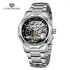 Wristwatches Forsining 199A Men's Luxury Design Skeleton Stainless Silver Steel Wrist Watch Clock Automatic Mechanical Male Watches Gift