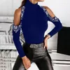 Women's T Shirts Fashion Spring And Autumn Stand Collar Solid Color Sexy Rhinestone Off-Shoulder Long Sleeve T-shirt Bottoming