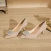 Casual Shoes 2024 Pointed Women's Single High Heels Banket Diamond Square Buckle Flat Light Silk Wedding