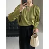 Women's Blouses Elegant Green Satin Shirts Hollow Long Sleeved Shirt Loose Folded Raglan Top