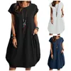 Summer Fashion Womens Large Size Comfortable Holiday Cotton And Linen Pocket Dress