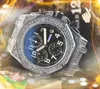 Populära herrar full funktion Quarz Chronograph Watches Stopwatch Black Green Rubber Strap Clock Diamonds Ring Chain Armband Watch Montre de Luxe Gifts
