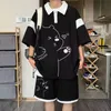 Sommer Männer Tracksuit Japan Cartoon Streetwear Cool Bär gedruckt Waffel Shirts Shorts 2 Stück Set Hip Hop Casual Short Anzug 2024 240412