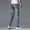 Jeans masculinos Summer fino 2024 Caixa de jeans casual de perna reta para homens elegantes estiram calças azul e cinza Man