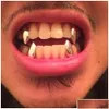 Grillz Dental Grills Grillz Dental Grills 18K Real Gold Hollow Single Tight Braces Punk Hiphop Fang Tooth Capplay Costume H Dhki4