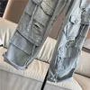 Personnalité de jeans pour femmes Straight High Streetwear Streetwear Automne Washed Ripped Multi-Pocket Overship-Leg-Leg Pantal
