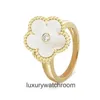 High End designer rings for vancleff 18K Champagne Gold CNC Thick Gold Steel Print Clover Ring Red Agate White Fritillaria Straight Hair Original 1:1 With Real Logo