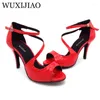 ダンスシューズWuxijiao 2024 Red Black Crocodile Texture Pu Women's Latin High Heel Sandals Salsa Party