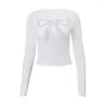 Kvinnors T-skjortor Vintage Bow Lace Sparcing Solid Color Långärmad t-shirt Kvinnor 2024 Summer O-Neck Hollow Sexig Slim All Match Crop Tops