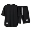 Herrspårar med kort ärm T-shirt-shorts Ställ Retro Sportkläder med Ice Silk DrawString Loose Fit Round For Active