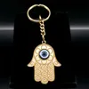 Keychains Lanyards Hand of Fatima Turkish Evil Blue Eye Key Chain for Women Men rostfritt stål Guldfärg Hamsa Palm Keychain Jewelry K1139S01 Y240417