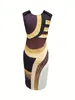 Lässige Kleider LW Geometrische Druck Patchwork Bodycon Kleid gegen Hals ärmellose elegante braune Farbblock Wickelte Rock Frauen Vestidos