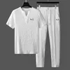 Summer Trendy Pleated Two Piece Set for Mens Thin Cotton and Hemp Short Sleeved T-shirt Chinese V-neck White Casual Sports