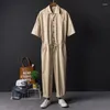 Herrespår Summer Casual Jumpsuit Solid Color Safari Style Set Single Breasted Lapel Kort ärm snörning Spetsar upp fotledslängder