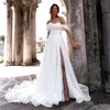 Elegante satijnen trouwjurk van de schouder mouwloze parels lieverd split a-line backless bruid jurk 2024 civil princess vestido de noiva