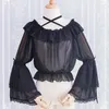 Blouses pour femmes Femmes Lolita Blouse Crop Top Top Flare Lace Long Manches Halter Cashirt Plissé à froufr