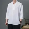 ZXUZ Men's Casual Shirts Men Solid Pullover V Neck Three Quarter Mens Kimono Traditional Streetwear Blouse Chinese Style Linen Man 240417