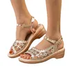 Sandals Summer Gold Women Peep Toe Casual Comfy Chunky Heels Platform Walk Rhinestone Decor Shoes Woman Slip On Roman Sandas