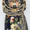 Designer dress, silk black print, sleeveless diamond inlay, noble ribbon stand up collar vest, long dress trend 2024