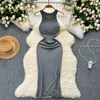 Casual Dresses Chic Halter Off Shoulder Knit Elastic BodyCon Split Dress Sexig mode Kvinnor Slim Pencil Vestidos