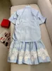 Spring Summer Blue Striped Print Panelled Lace Cotton Dress Short Sleeve Lapel Neck Midi Casual Dresses W4A164283
