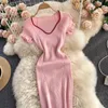 Women Slim Knitted Dress V Neck Short Sleeve Elastic Sheath Mini Dresses Summer Sexy Bodycon Streetwear Short Sundress Outfits 240415