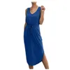 Summer Womens V Neck Sleeveless Drawstring Casual Loose Sexy Midi Dress