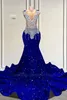 Sexy Royal Blue Mermaid Prom Dresses Bling Sequins Beadings Kristallen Sheer Deep V Neck avondjurken Formele Vestidos voor