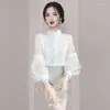 Blouses pour femmes Col de support Elegant Gauze Gauze Shirts à manches bouffantes Vêtements 2024 Summer Loose Corée des Tops coréens Lady