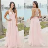 2024 Vestidos de dama de honra rosa simples de chiffon piso de renda de renda de honra vestir um vestido de noite de convidado de casamento de praia feita personalizada